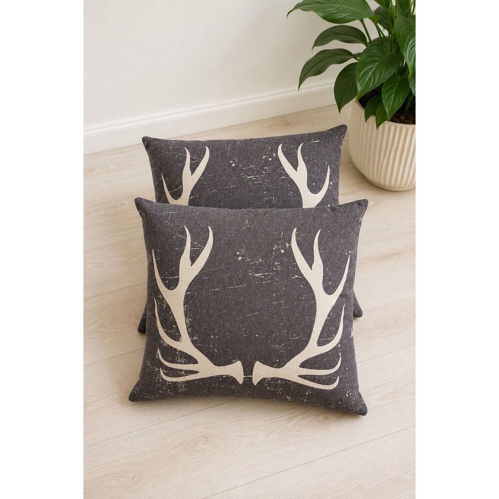 Lot of 2 Rustic Linen Feather Throw Pillows Gray Deer Antler Cabin Cottage Decor